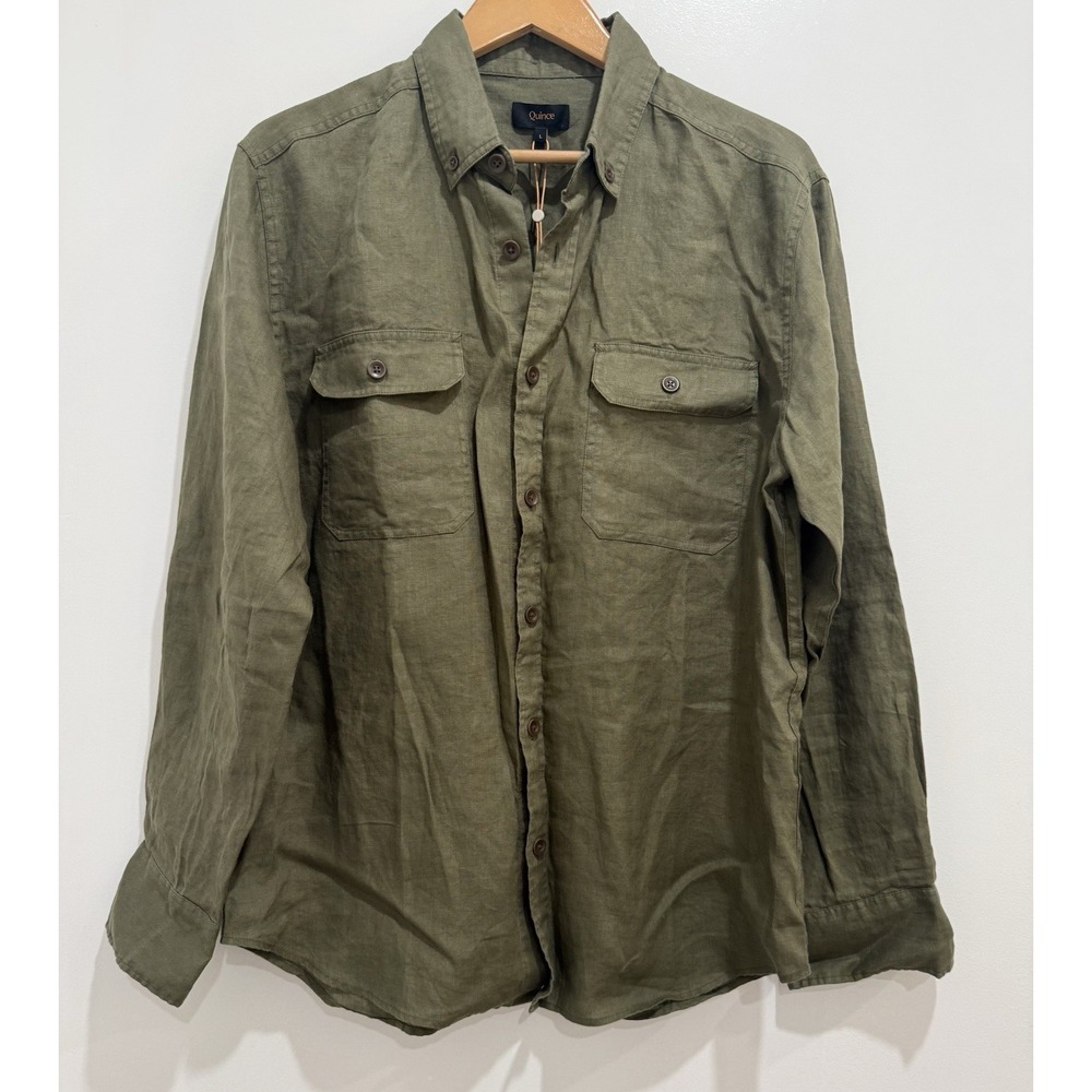 NWT Quince Utility Shirt Mens L Olive European Linen Long Sleeve Button Up - Picture 2 of 5